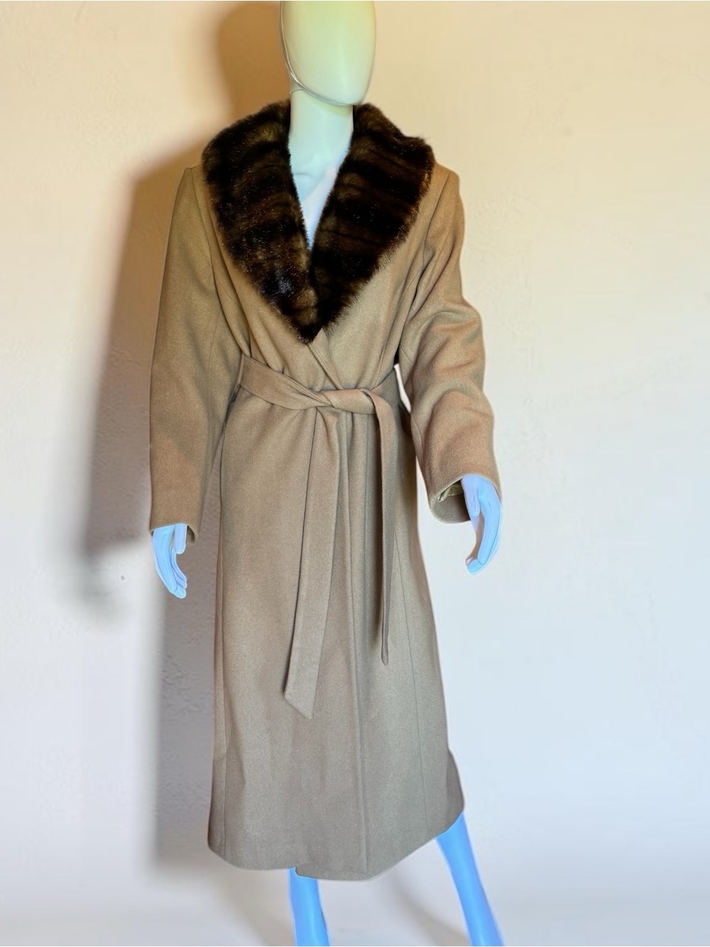 Terry Lewis Classic Luxuries Camel Wrap Coat with Dark Brown Fur Collar